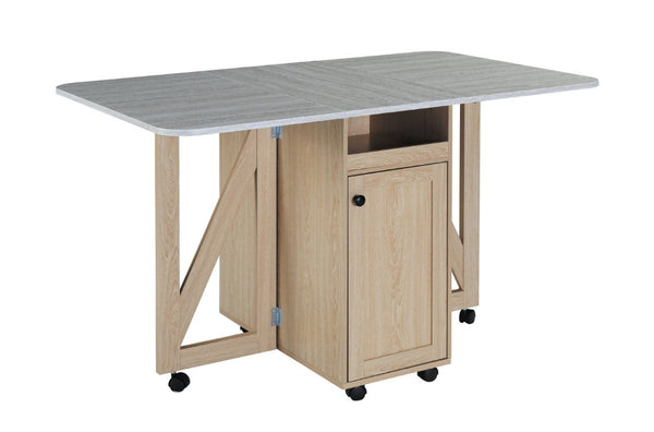 English Elm Foldable Drop Leaf Kitchen Cart with Travertine Top Oak Cabinet and Wine Storage Light Oak / Slate W5379P501999