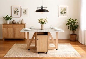 English Elm Foldable Drop Leaf Kitchen Cart with Travertine Top Oak Cabinet and Wine Storage Light Oak / Slate W5379P501999