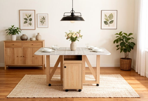 English Elm Foldable Drop Leaf Kitchen Cart with Travertine Top Oak Cabinet and Wine Storage Light Oak / Slate W5379P501999