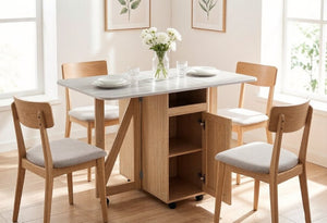 English Elm Foldable Drop Leaf Kitchen Cart with Travertine Top Oak Cabinet and Wine Storage Light Oak / Slate W5379P501999