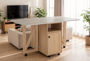 English Elm Foldable Drop Leaf Kitchen Cart with Travertine Top Oak Cabinet and Wine Storage Light Oak / Slate W5379P501999