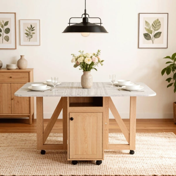 English Elm Foldable Drop Leaf Kitchen Cart with Travertine Top Oak Cabinet and Wine Storage Light Oak / Slate W5379P501999
