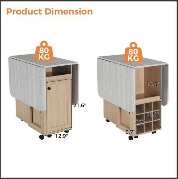 English Elm Foldable Drop Leaf Kitchen Cart with Travertine Top Oak Cabinet and Wine Storage Light Oak / Slate W5379P501999