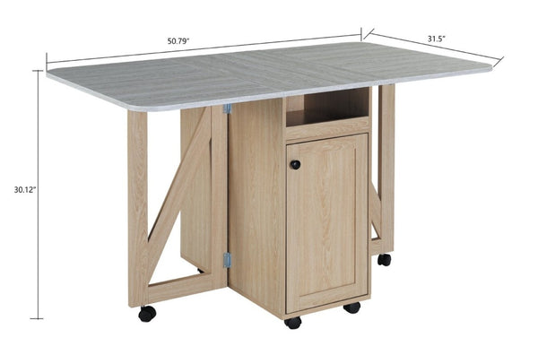 English Elm Foldable Drop Leaf Kitchen Cart with Travertine Top Oak Cabinet and Wine Storage Light Oak / Slate W5379P501999