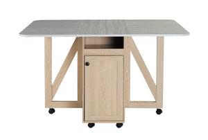 English Elm Foldable Drop Leaf Kitchen Cart with Travertine Top Oak Cabinet and Wine Storage Light Oak / Slate W5379P501999