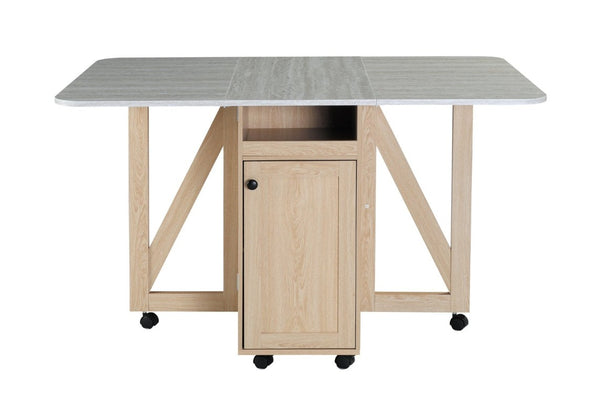 English Elm Foldable Drop Leaf Kitchen Cart with Travertine Top Oak Cabinet and Wine Storage Light Oak / Slate W5379P501999
