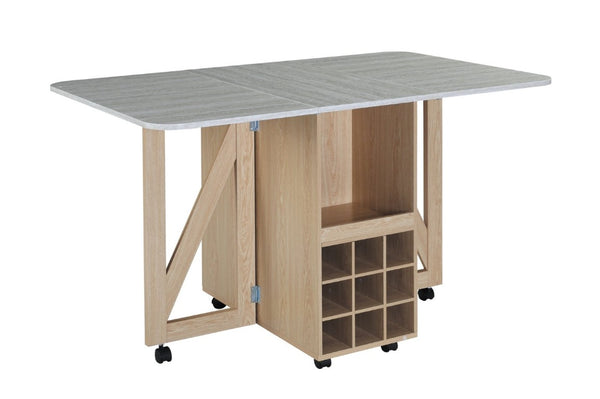 English Elm Foldable Drop Leaf Kitchen Cart with Travertine Top Oak Cabinet and Wine Storage Light Oak / Slate W5379P501999