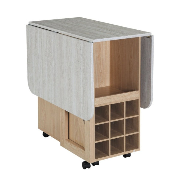 English Elm Foldable Drop Leaf Kitchen Cart with Travertine Top Oak Cabinet and Wine Storage Light Oak / Slate W5379P501999