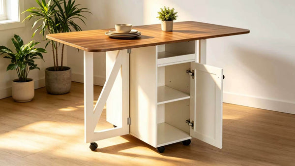 English Elm Foldable Drop Leaf Kitchen Cart with Travertine Top Oak Cabinet and Wine Storage Beige White / Walnut W5379P502001