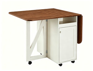 English Elm Foldable Drop Leaf Kitchen Cart with Travertine Top Oak Cabinet and Wine Storage Beige White / Walnut W5379P502001