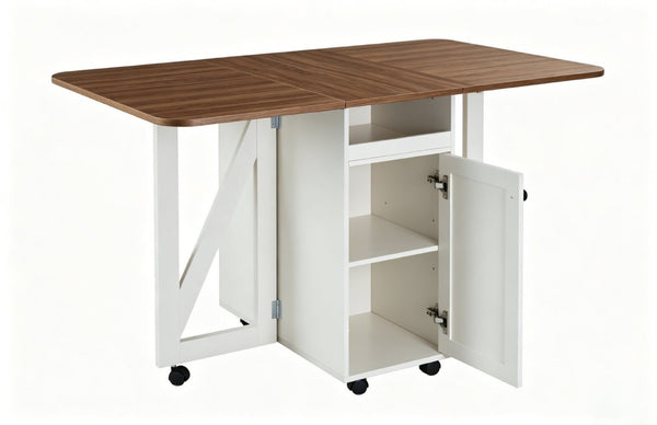 English Elm Foldable Drop Leaf Kitchen Cart with Travertine Top Oak Cabinet and Wine Storage Beige White / Walnut W5379P502001