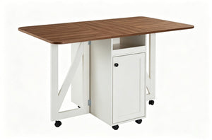 English Elm Foldable Drop Leaf Kitchen Cart with Travertine Top Oak Cabinet and Wine Storage Beige White / Walnut W5379P502001