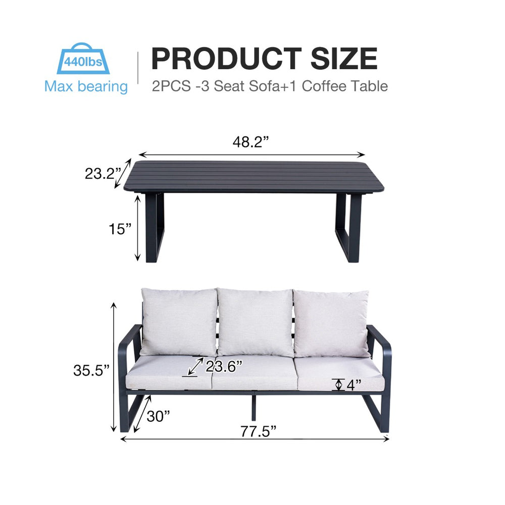 English Elm Fr Outdoor 3 Seater Sofa Set with Aluminum Coffee Table and Memory Foam Cushions W5382P443818