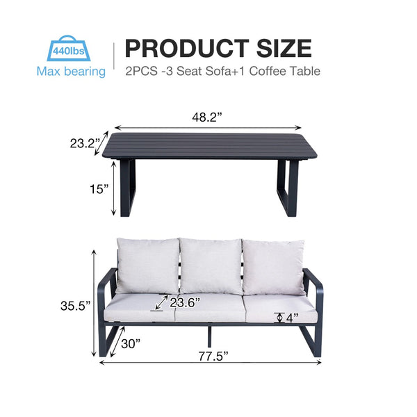 English Elm Fr Outdoor 3 Seater Sofa Set with Aluminum Coffee Table and Memory Foam Cushions W5382P443818