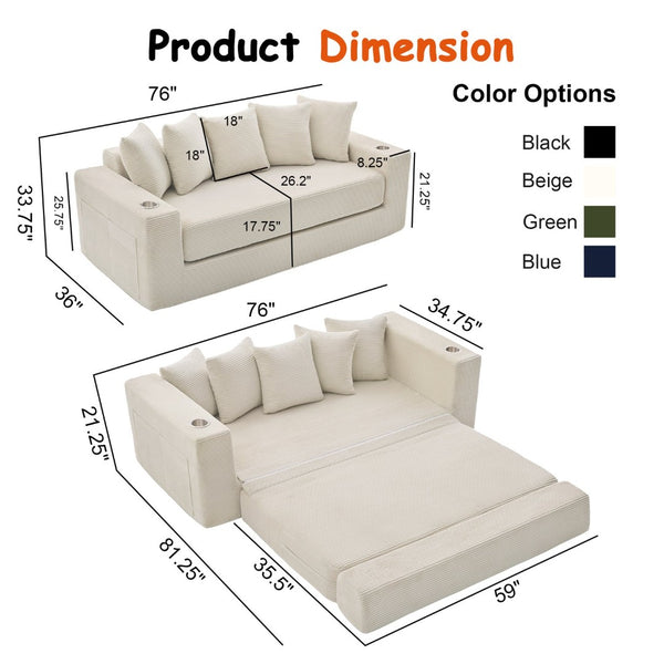 English Elm 76 Inch Convertible Sleeper Sofa Fold Flat Guest Bed for Studios and Small Spaces W5385P433280