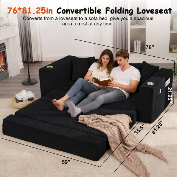 English Elm 76 Inch Convertible Sleeper Sofa Fold Flat Guest Bed for Studios and Small Spaces Black W5385P433281