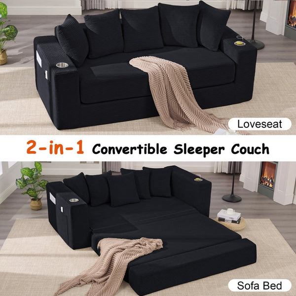 English Elm 76 Inch Convertible Sleeper Sofa Fold Flat Guest Bed for Studios and Small Spaces Black W5385P433281