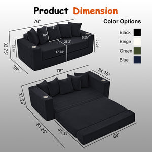 English Elm 76 Inch Convertible Sleeper Sofa Fold Flat Guest Bed for Studios and Small Spaces Black W5385P433281