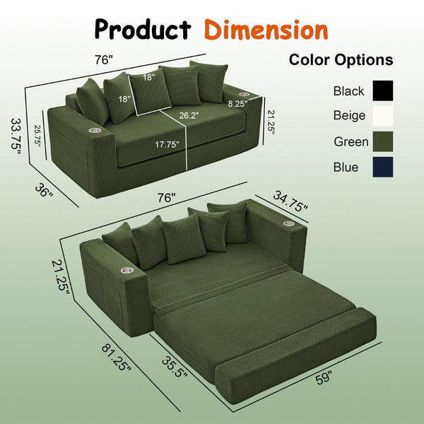 English Elm 76 Inch Convertible Sleeper Sofa Fold Flat Guest Bed for Studios and Small Spaces Green W5385P433284