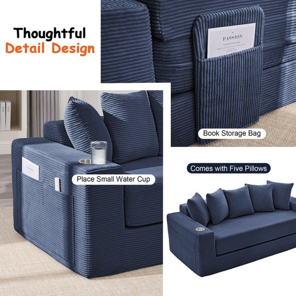 English Elm 76 Inch Convertible Sleeper Sofa Fold Flat Guest Bed for Studios and Small Spaces Blue W5385P433285