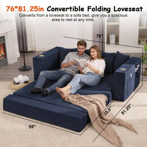 English Elm 76 Inch Convertible Sleeper Sofa Fold Flat Guest Bed for Studios and Small Spaces Blue W5385P433285