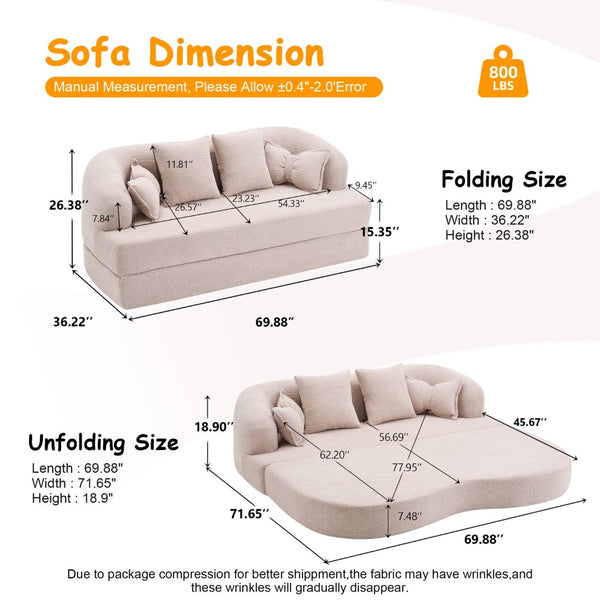 English Elm 2-in-1 Convertible Chenille Sofa Bed for Guest Rooms Studios and Small Living Spaces Apricot W5385P454875