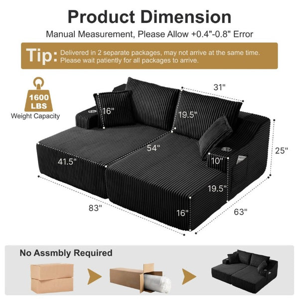 English Elm 83 Inch Oversized Double Chaise Foam Lounge Sofa for Living Room or Bedroom Relaxing W5385P511453