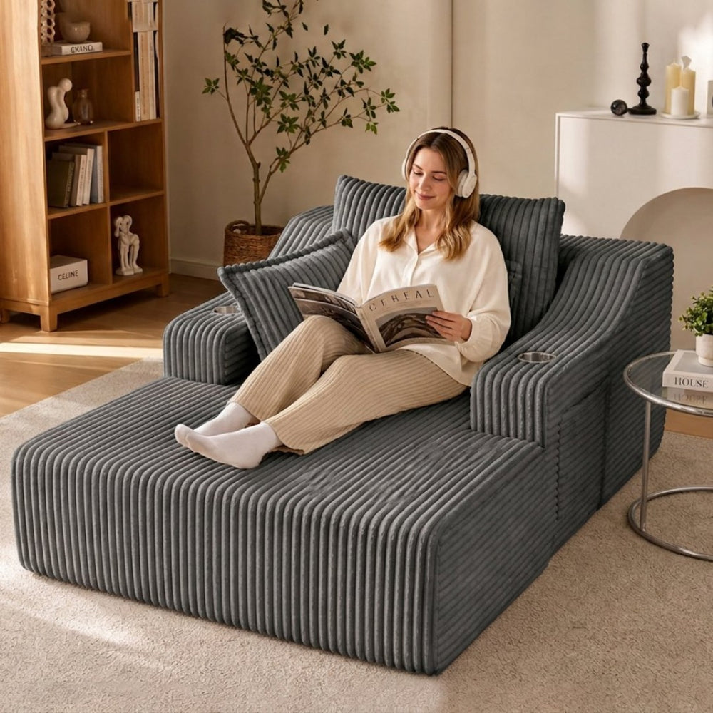 English Elm Oversized Faux Fur Chaise Lounge Sleeper with Cup Holders and Three Support Pillows Gray W5385P512349
