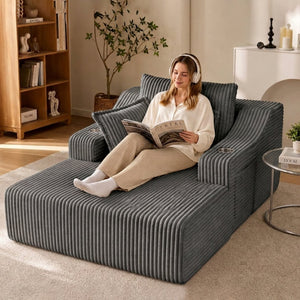 English Elm Oversized Faux Fur Chaise Lounge Sleeper with Cup Holders and Three Support Pillows Gray W5385P512349