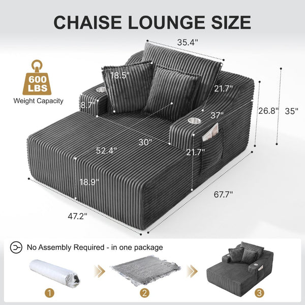 English Elm Oversized Faux Fur Chaise Lounge Sleeper with Cup Holders and Three Support Pillows Gray W5385P512349