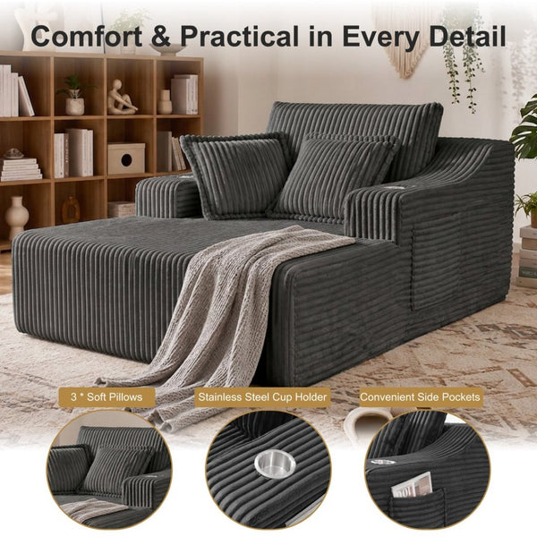 English Elm Oversized Faux Fur Chaise Lounge Sleeper with Cup Holders and Three Support Pillows Gray W5385P512349