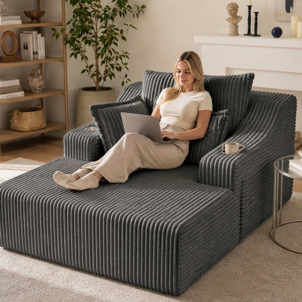 English Elm Oversized Faux Fur Chaise Lounge Sleeper with Cup Holders and Three Support Pillows Gray W5385P512349
