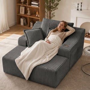 English Elm Oversized Faux Fur Chaise Lounge Sleeper with Cup Holders and Three Support Pillows Gray W5385P512349