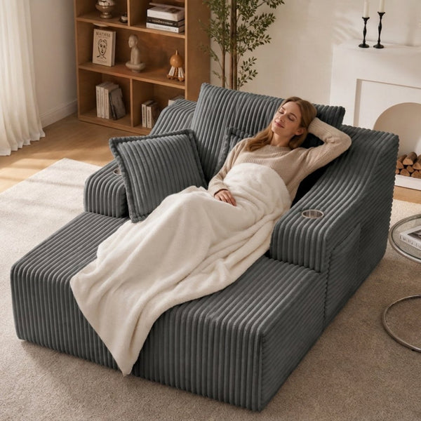 English Elm Oversized Faux Fur Chaise Lounge Sleeper with Cup Holders and Three Support Pillows Gray W5385P512349