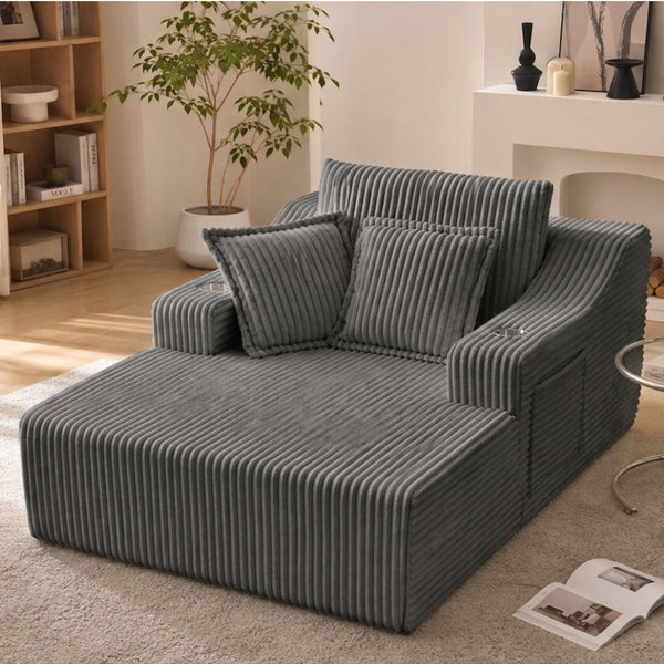 English Elm Oversized Faux Fur Chaise Lounge Sleeper with Cup Holders and Three Support Pillows Gray W5385P512349
