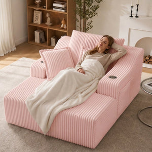 English Elm Oversized Faux Fur Chaise Lounge Sleeper with Cup Holders and Three Support Pillows Pink W5385P512350
