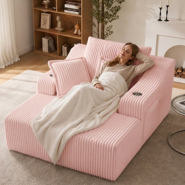 English Elm Oversized Faux Fur Chaise Lounge Sleeper with Cup Holders and Three Support Pillows Pink W5385P512350