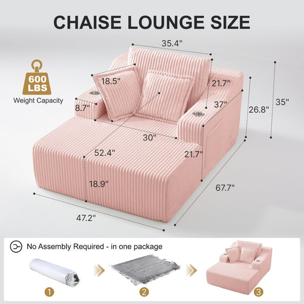 English Elm Oversized Faux Fur Chaise Lounge Sleeper with Cup Holders and Three Support Pillows Pink W5385P512350
