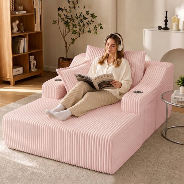 English Elm Oversized Faux Fur Chaise Lounge Sleeper with Cup Holders and Three Support Pillows Pink W5385P512350