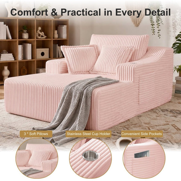 English Elm Oversized Faux Fur Chaise Lounge Sleeper with Cup Holders and Three Support Pillows Pink W5385P512350