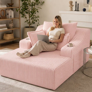 English Elm Oversized Faux Fur Chaise Lounge Sleeper with Cup Holders and Three Support Pillows Pink W5385P512350