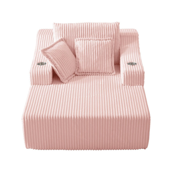 English Elm Oversized Faux Fur Chaise Lounge Sleeper with Cup Holders and Three Support Pillows Pink W5385P512350