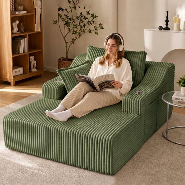 English Elm Oversized Faux Fur Chaise Lounge Sleeper with Cup Holders and Three Support Pillows Green W5385P512351