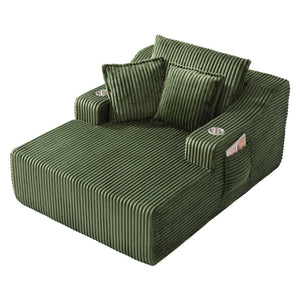 English Elm Oversized Faux Fur Chaise Lounge Sleeper with Cup Holders and Three Support Pillows Green W5385P512351