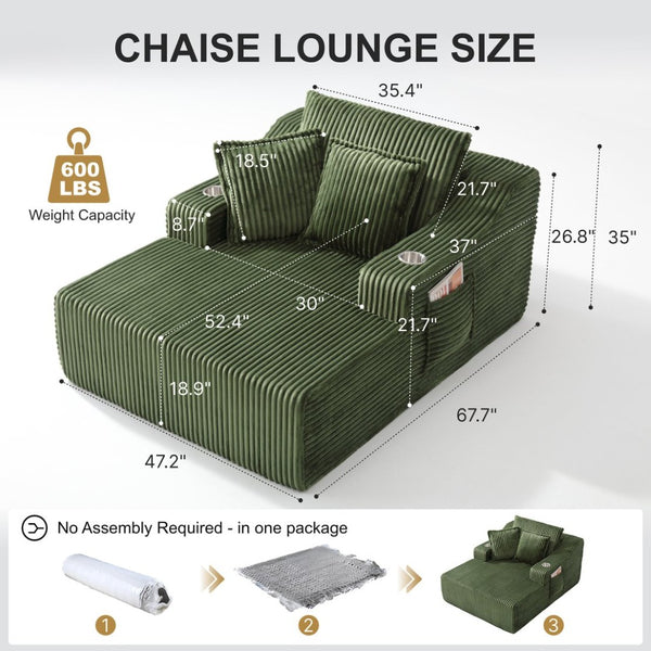 English Elm Oversized Faux Fur Chaise Lounge Sleeper with Cup Holders and Three Support Pillows Green W5385P512351
