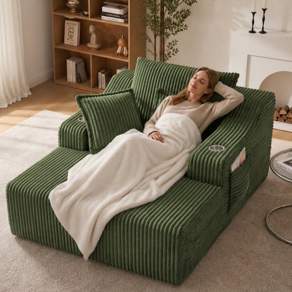 English Elm Oversized Faux Fur Chaise Lounge Sleeper with Cup Holders and Three Support Pillows Green W5385P512351