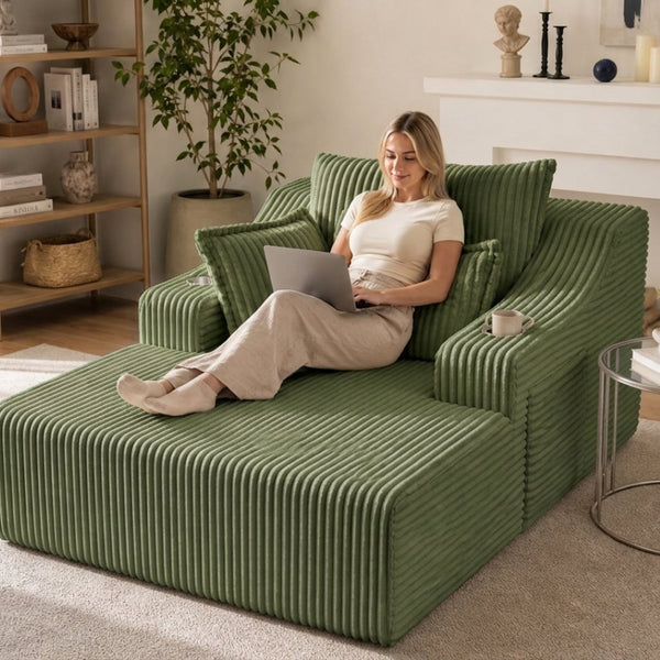 English Elm Oversized Faux Fur Chaise Lounge Sleeper with Cup Holders and Three Support Pillows Green W5385P512351