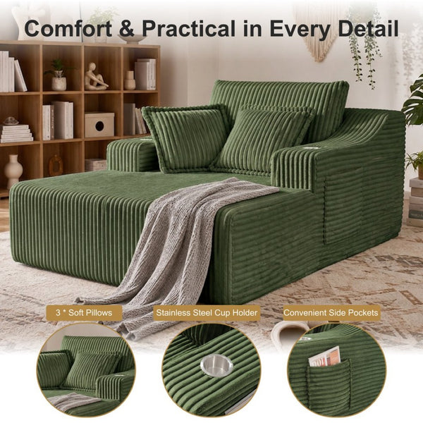 English Elm Oversized Faux Fur Chaise Lounge Sleeper with Cup Holders and Three Support Pillows Green W5385P512351