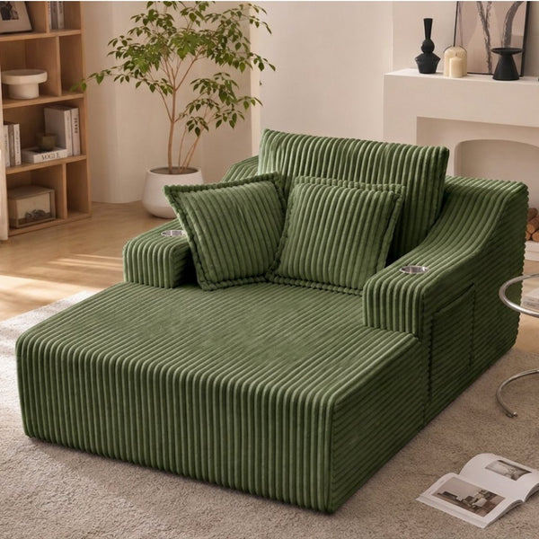 English Elm Oversized Faux Fur Chaise Lounge Sleeper with Cup Holders and Three Support Pillows Green W5385P512351