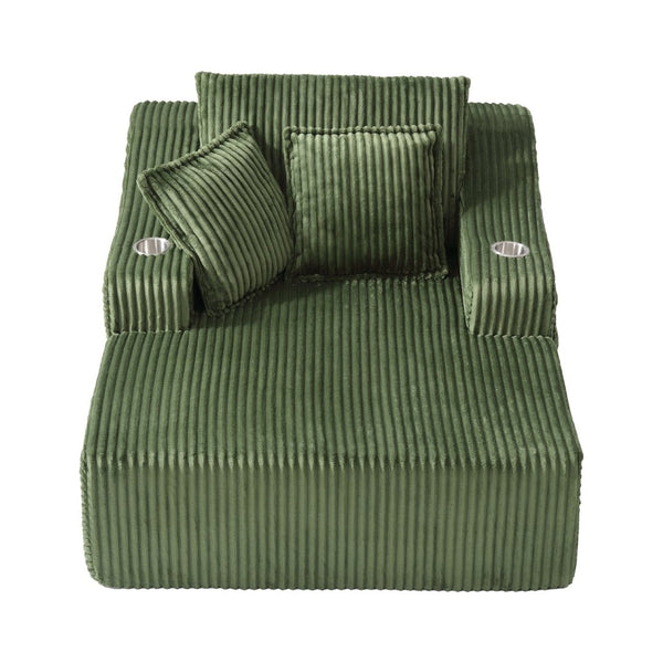 English Elm Oversized Faux Fur Chaise Lounge Sleeper with Cup Holders and Three Support Pillows Green W5385P512351